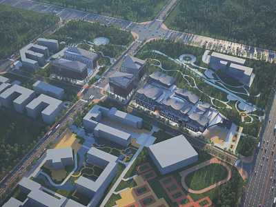 Aerial View Of Planned Modern Complex With Multiple Buildings Green Areas And Roads 3d model