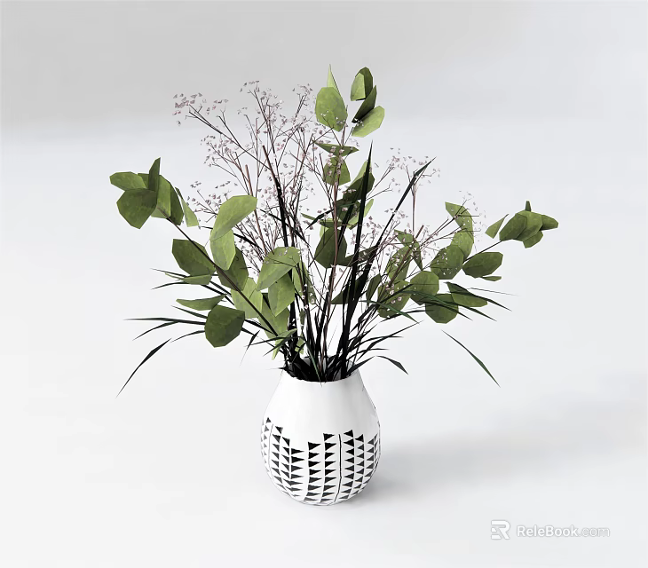 White Woven Texture Vase With Green Leaves And Slender Branches Decorative Arrangement 3d model 