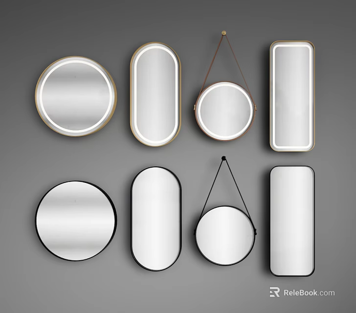 Various Shaped Hanging Mirrors Including Round Oval and Rectangular with Gold Black Frames 3d model 