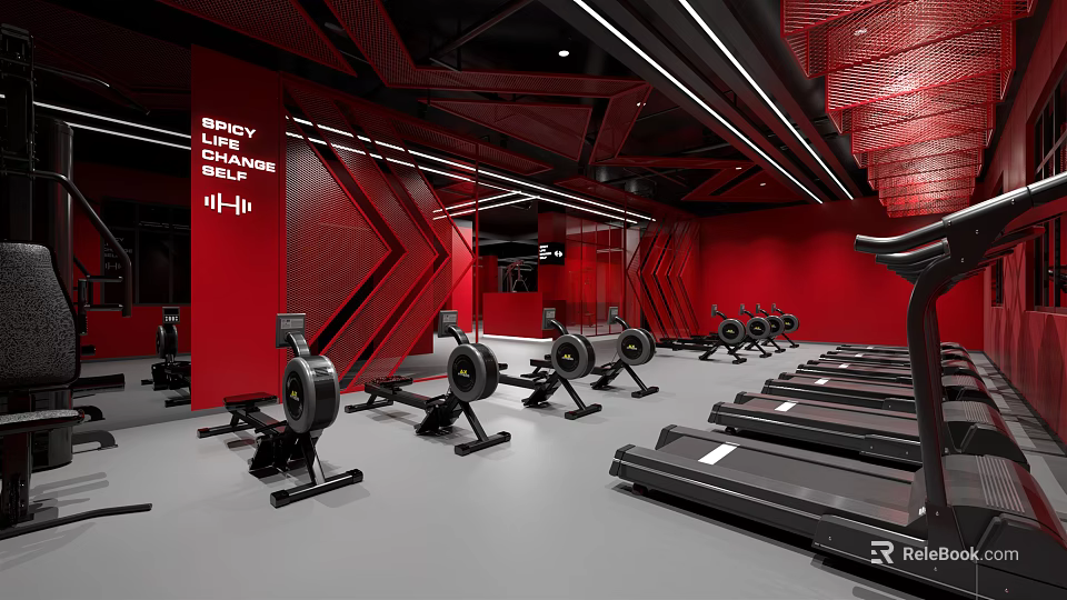 Modern Fitness Gym Interior With Red Walls And Workout Equipment Including Rowing Machines And Treadmills 3d model 