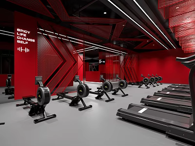 Modern Fitness Gym Interior With Red Walls And Workout Equipment Including Rowing Machines And Treadmills 3d model