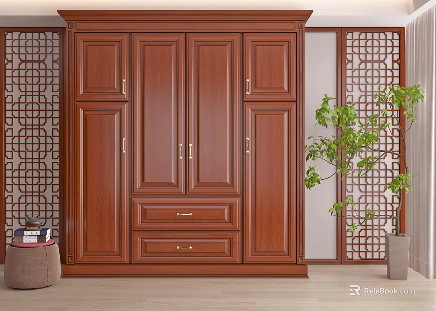 Traditional Solid Wooden Wardrobe Interior Design With Panel Doors And Bottom Drawers 3d model 