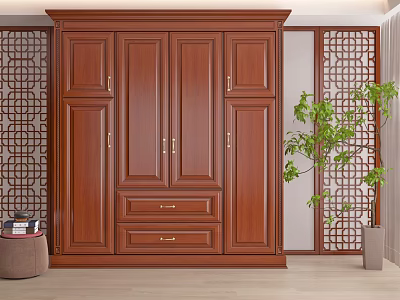 Traditional Solid Wooden Wardrobe Interior Design With Panel Doors And Bottom Drawers 3d model