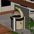 Dining Table in Kitchen with Sun Smiley Trash Bin Green Leaf and Wooden Floor