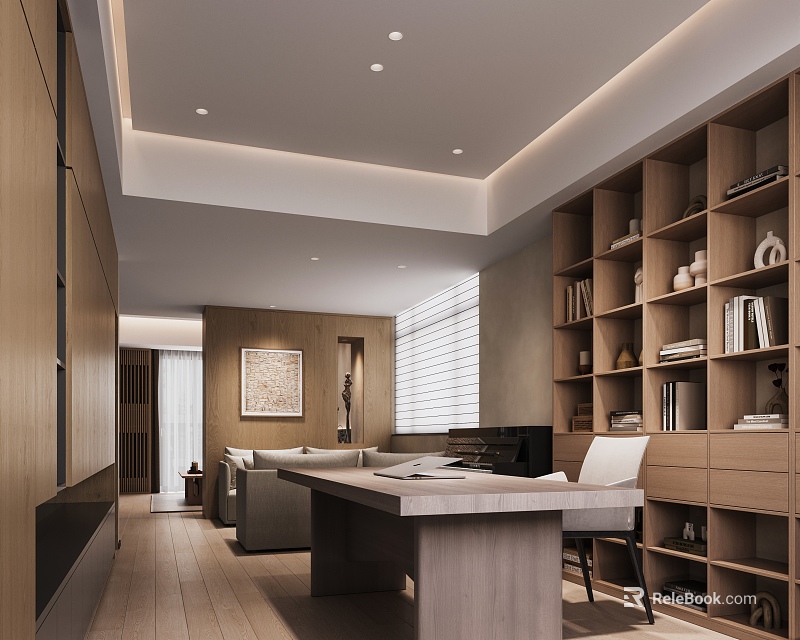 Modern Study Room Interior Design With Wooden Bookshelves Desk Sofa Painting And Blinds 3d model 
