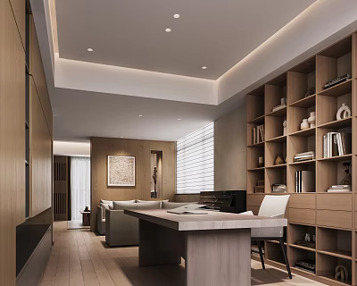 Modern Study Room Interior Design With Wooden Bookshelves Desk Sofa Painting And Blinds 3d model