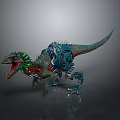 Biomechanical Dinosaur Character With Spiked Back Green Blue Cybernetic Parts And Open Mouth