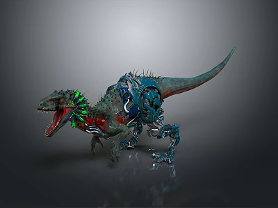 Biomechanical Dinosaur Character With Spiked Back Green Blue Cybernetic Parts And Open Mouth 3d model