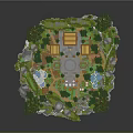Cartoon Forest Scene With Green Trees Yellow Pagoda White Rocks And Lush Grass