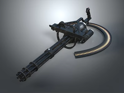 Black Multi Barrel Machine Gun With Long Barrel Ammunition Belt And Mechanical Structure 3d model