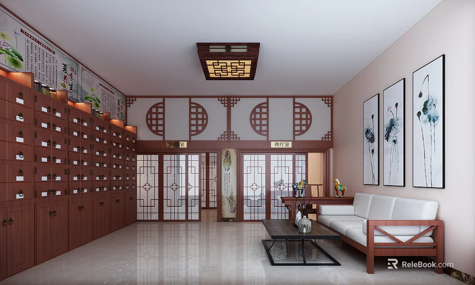 Traditional Chinese Specialty Store Interior With Wooden Cabinets Decorative Screens Sofa And Art Paintings 3d model 