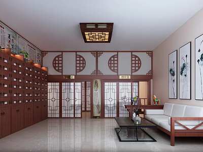Traditional Chinese Specialty Store Interior With Wooden Cabinets Decorative Screens Sofa And Art Paintings 3d model