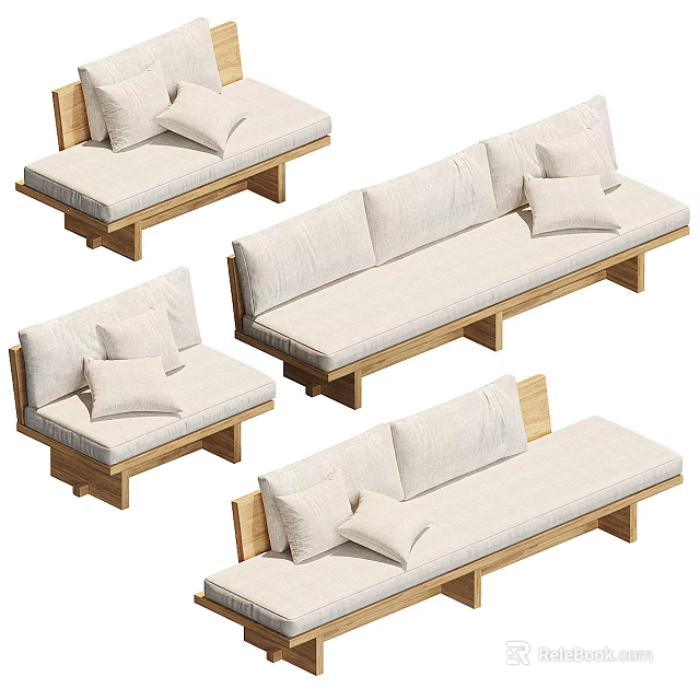 Sectional Sofa Set With Wooden Frame Light Fabric Cushions And Decorative Throw Pillows 3d model 