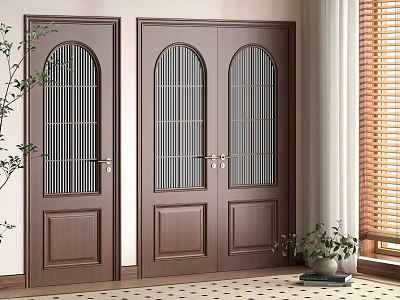 Brown Wooden Double Doors With Glass Panels Arched Design In Interior Space With Potted Plant And Window 3d model