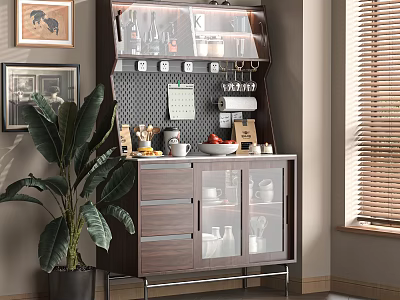 Elegant Wooden Sideboard With Glass Doors Coffee Maker And Potted Plant 3d model