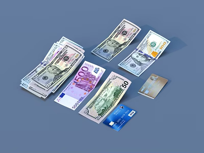 Essential Daily Life Supplies With US Dollar Bills Euro Banknotes And Credit Cards 3d model