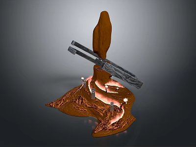 Cartoon Scene Featuring Wooden Structure Sword And Glowing Lava Like Patterns 3d model