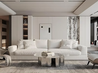 Modern Minimalist Living Room With White Sofa Metallic Coffee Table And Marble Accent Wall 3d model