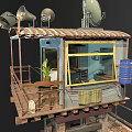 Elevated Metal Shack With Corrugated Roof Satellite Dish Speakers And Balcony