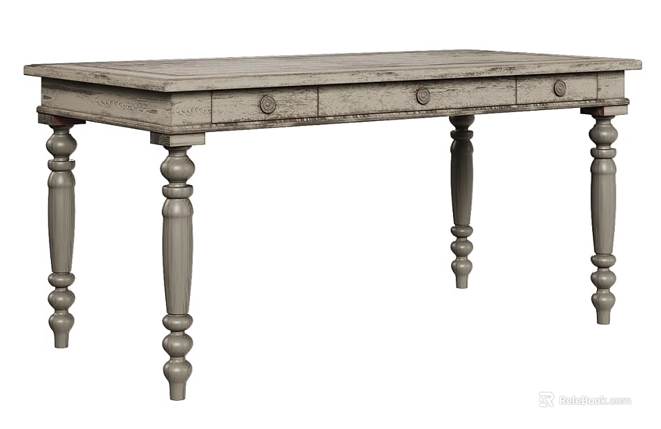 Rustic Wooden Dining Table With Distressed Surface Drawers And Turned Legs 3d model