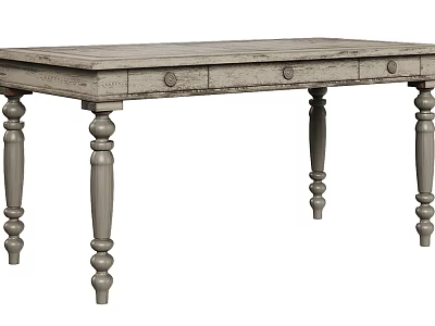 Rustic Wooden Dining Table With Distressed Surface Drawers And Turned Legs 3d model