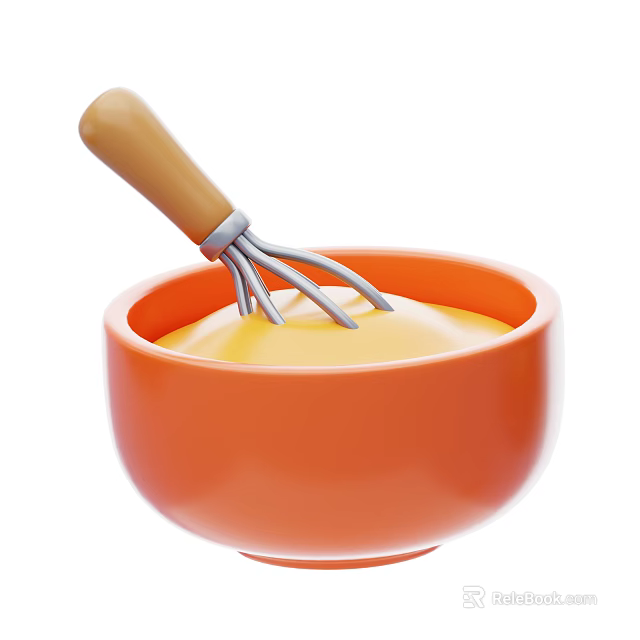 Creamy Yellow Batter Being Mixed in Orange Bowl With Wooden Handle Whisk 3d model 