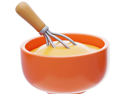 Creamy Yellow Batter Being Mixed in Orange Bowl With Wooden Handle Whisk 3d model