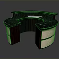 Curved Modern Reception Desk With Black Countertop Wooden Base And Pink Panels