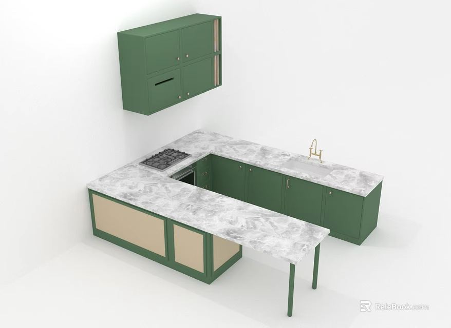 Modern Kitchen Furniture With Green Cabinets Marble Countertop Island Sink And Stove 3d model 