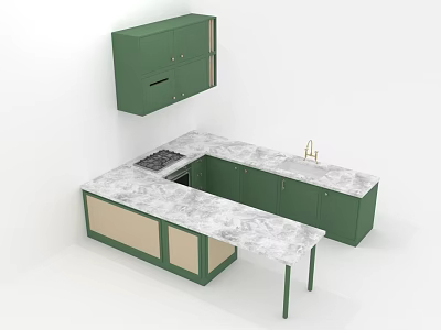 Modern Kitchen Furniture With Green Cabinets Marble Countertop Island Sink And Stove 3d model