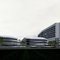 Modern White Architectural Building With Glass Windows Green Landscaping And Water Body