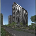 Modern High Rise Residential Building Exterior With Trees And Urban Skyline