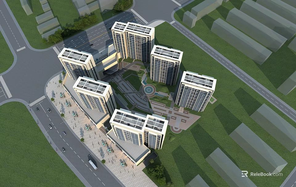 Aerial View Planning of Modern Residential Complex With High Rise Buildings and Central Green Space 3d model 