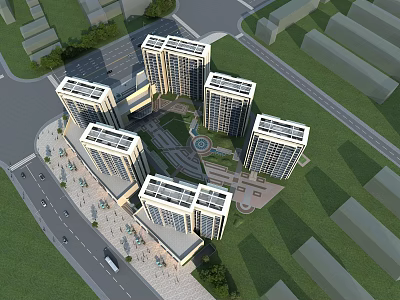 Aerial View Planning of Modern Residential Complex With High Rise Buildings and Central Green Space 3d model