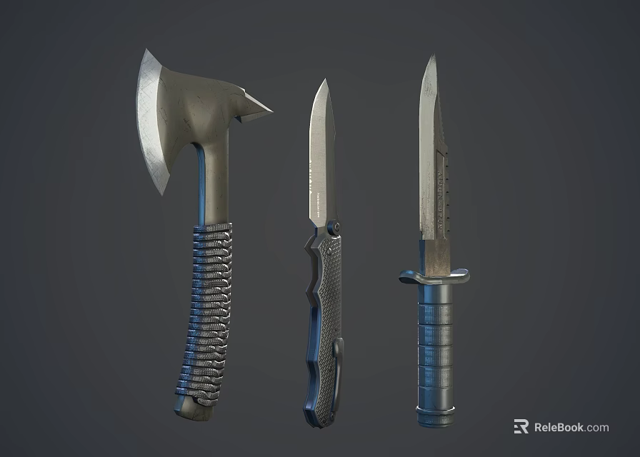 Hand Axe and Two Knives with Textured Handles on Dark Surface 3d model 