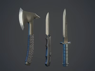 Hand Axe and Two Knives with Textured Handles on Dark Surface 3d model