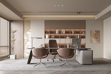 Modern office background wall bookcase office bookcase background wall solid wood office desk and chair combination 3d model