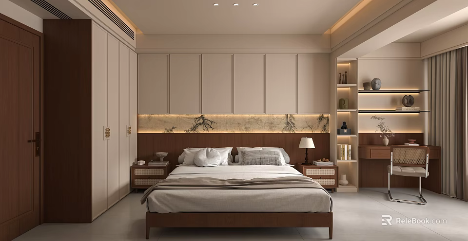 Modern Bedroom Interior With Wooden Bed Nightstands Decorative Headboard Wall And Built In Cabinets 3d model 