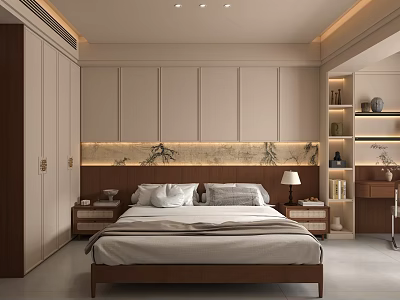 Modern Bedroom Interior With Wooden Bed Nightstands Decorative Headboard Wall And Built In Cabinets 3d model