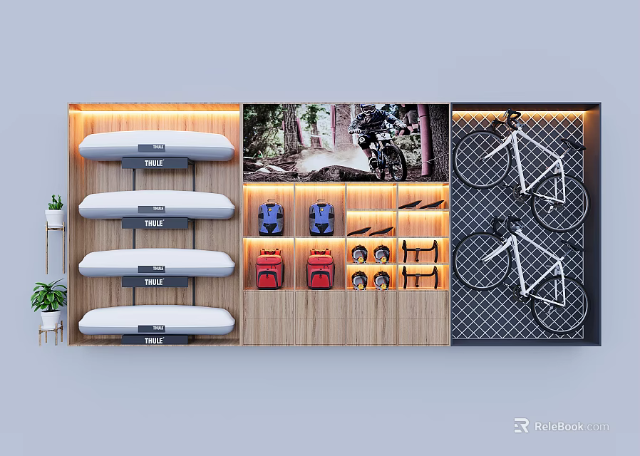 Modern Wooden Display Shelves With Multi Layered Storage For Sports Gear Electronics And Bags 3d model 