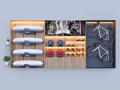 Modern Wooden Display Shelves With Multi Layered Storage For Sports Gear Electronics And Bags 3d model