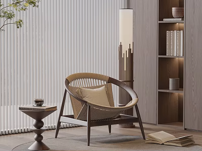 Cozy Wooden Frame Woven Leisure Chair With Round Side Table Floor Lamp Bookshelf And Books 3d model