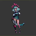 Game Movie Character with Blue Pink Hair Pink Head Accessories Green Black Outfit Long Tail and Boots