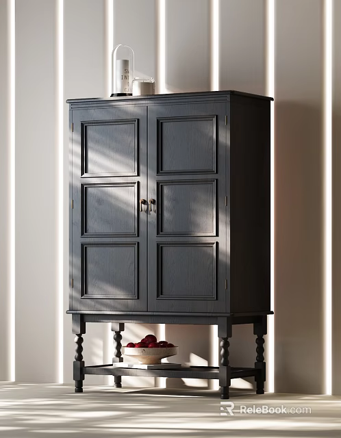 Black Traditional Entryway Side Cabinet With Double Doors And Decorative Wooden Legs 3d model 
