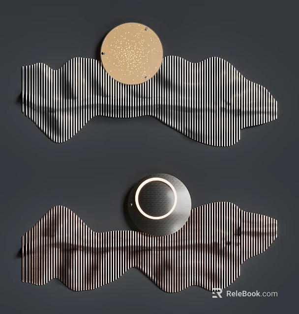 Modern Wall Decor With Wavy Striped Panels And Circular Metallic Accents 3d model 