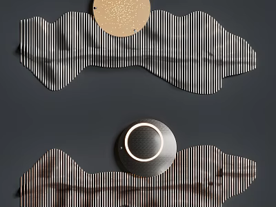 Modern Wall Decor With Wavy Striped Panels And Circular Metallic Accents 3d model