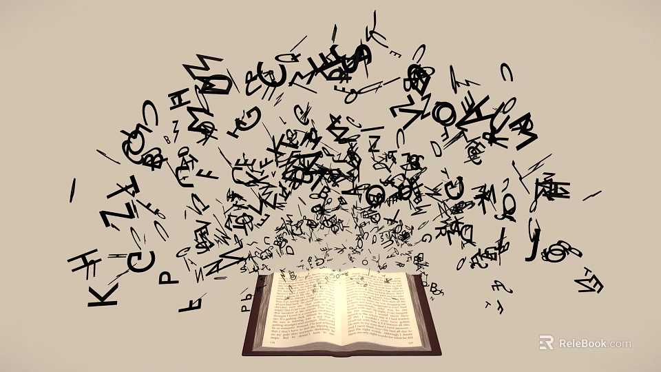 Open Book with Flying Doodle Style Musical Instruments and Art Supplies Symbols 3d model 