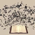 Open Book with Flying Doodle Style Musical Instruments and Art Supplies Symbols