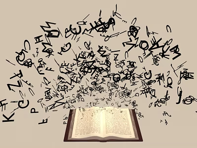Open Book with Flying Doodle Style Musical Instruments and Art Supplies Symbols 3d model