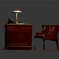 Vintage Wooden Desk Setup With Table Lamp Telephones Red Cushion Chair And Rug